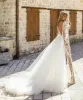 Macacão de renda do pescoço profundo 2022 ver através de vestidos de noiva com trem destacável manga comprida vestidos de noiva vestido de novia