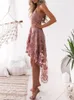 カジュアルドレスエレガントな花の刺繍かぎ針編みレースドレスセクシーVネックバックレス不規則な夏の女性のノースリーブスリム