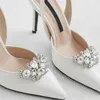 Brilho cristais sapatos de casamento para noiva cetim apontou toe com strass salto alto tornozelo envoltório branco sandálias de noiva bombas femininas cl0582