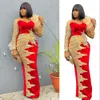 2022 Sexy Red Sheath Evening Dresses Wear Long Sleeves Sheer Neck Gold Lace Appliques Plus Size Special Occasion Prom Party Gowns Vestidos De Novia