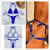 Damskie stroje kąpielowe luksusowe kostium kąpielowe z kryształkowatym stringi bikini zestaw 2022 Kobiety Niski talia Patchwork Diamond Blue G-String Swim For Mujer