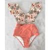 High Waist Ruffled Sexy Bikini Set Flounce Biquini Swimwear Women Two Pieces Swimsuit Floral Beachwear V-Neck Bathing Suit 220518