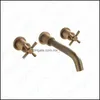 Vintage Castle Antique Brass Bathroom Faucet Dual Cross Handles Wall Mounting Solid Copper Old Style Basin Tap Set Drop Delivery 2021 Sink F