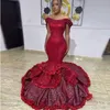 2022 Black Girl Prom Dress Satin Beading Sequined Handmade Ruffles Axless Short Sleeve African Gowns Evening Party Mermaid Dresses C0527zz6