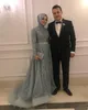 ASO EBIアラビア語イスラム教徒のレースビーズイブニングドレス長袖シルバーチュールプロムフォーマルパーティーセカンドレセプションオーバースカート