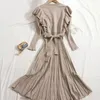 Vintage elegante o-neck vrouwelijk dikke gebreide lange jurk slanke ruches met volle mouw dames trui jurken vestidos herfst winter 220317