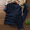 Herrespår Summer Fashion Men's Cotton and Linen Short Sleeve Shorts Set Suit Tracksuit Blue Button för män Mens Vest Jacket Setm