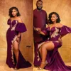 2022 Plus la taille arabe Aso Ebi violet sirène sexy robes de bal dentelle haute fente col transparent soirée formelle deuxième réception robes B0408