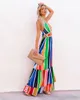 2022 Vestido comprido feminino de verão Sexy Deep V Rainbow Stripe Titne Mesh Mesh Suspender Chiffon Dress Vestidos Largos Elegantes Designer Plus