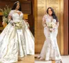 Plus Size Mermaid Wedding Dresses with Detachable Train Long Sleeve Lace Floral Arabic Stain Trumpet Bridal Gown robe de mariée