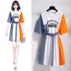 Summer Patchwork T Shirt Dress Women Korean Ulzzang Causal Party Dresses Sashes Streetwear Plus Size Fake Two Piece Dress M-4XL