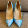 Designer-Free Shipping Fashion Women Blue Glitter Strass Point Toe Skor Högklackat Tunna Heeled Skor Pumpar Äkta Läder 10cm Stor Storlek Si