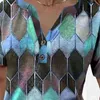 Nya eleganta kvinnor T-shirt V-halsgeometrisk hexagon bomullsblandning Kort ärmknappar Blus Top For Work Clothing L220705