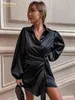 Clacive Bodycon Black Satin Women'S Dress 2022 Fashion Chic Lapel Long Sleeve Mini Dress Lady Elegant Slim Lace-Up Party Dresses T220804