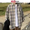 Lappster mens harajuku xadrez vintage 2020 homem japonês bolsos de rua camisetas de manga longa de manga comprida