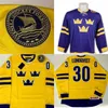 MIT męska # 30 Henrik Lundqvist Ręcznie Malowany Szwecja Jersey Żółty Fioletowy 100% Zszyte Haft Hokej Koszulki