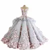 2022 Luxury Quinceanera Ball Gown Dresses 3D Floral Lace Applique Cap Sleeves Sweet 16 Floor Length Sheer Back Puffy Party Prom Ev185r