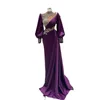 Glitter Purple Mermaid Prom Dresses Princess Satin Appliques Sequins Beads V Neck Long Sleeves V Neck Floor Length Party Gowns Plus Size Custom Made