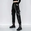 Gótico mulheres cargas calças pretas cintura alta cintura harajuku harem punk goth goth techwear cadeia calças fêmea hip hop 220325