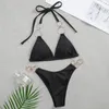 Metal Yüzükler Mikro Bikini Kadın Mayo Şınav Seti Mayo Kadın Siyah Brezilyalı Mayo Beachwear Biquini 220414