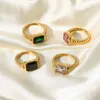 Cluster-Ringe, Edelstahl, rechteckig, Smaragd, rosa Zirkon, für Frauen und Mädchen, Croissant, gedrehte Spirale, wasserdicht, SchmuckCluster