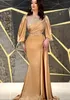 Luxe Aso Ebi Or Sirène Robes De Soirée Cristaux Perlés Bouffée À Manches Longues En Soie Satin Robe De Bal Jewel Cou Élégant Occasion Spéciale Robes Pour Les Femmes 2022