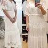 Hollow Out White Dress Sexy Women Long Lace Dress Cross Semi-Sheer Plunge V-Neck Short Sleeve Lace Maxi Dress 220409