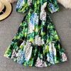 Summer Runway Hydrangea Floral Printed Green Strapghetti Strap Dress Women Beach Boho Puff Sleeve Knee Length Dress 2022