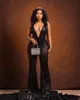 Black Deep V Neck Sequined Jumpsuit Prom Dresses Aso Ebi Arabiska ärmlös Sexig afrikan Se genom aftonklänningar plus storlek