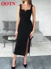 OOTN Elegant Women Dress Slit V-Neck Tank Slender Midi Dress Backless Stretch Office Sleeveless Party Summer Bodycon Dress Lady 220511