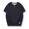 Denim Blue Knitted Henry Collor T Shirt Men Vintage Topstitched Elastic Short Sleeve T-shirt Summer Solid Casual Tshirt 220516