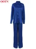 OOTN Bleu Satin Bureau Femme Ensembles Élégant À Manches Longues Col Rabattu Printemps Taille Élastique Large Jambe Pantalon Costumes Femmes 2022 T220729