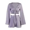 Satin tweedelig set vrouwen herfst tops veter omhoog wrap sexy mini -rokken elegante purper pakken witte lantaarn lange mouw gewas Cardigan 220701