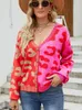 Femmes tricots t-shirts automne hiver rose imprimé léopard Cardigan femmes pull tricoté col en v femme 2022 bouton ample manteau chaud pour les femmes femmes