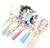 Wooden Tassel Bead String Bracelet Keychain Food Grade Silicone Beads Bracelets Women Girl Key Ring Wrist Strap