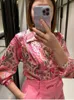 Blouses Femmes Chemises Rose Paisley Satin Dames Blouse Mode Printemps Manches Longues Col Rabattu Casual Femmes Vintage Femme Tops 2022