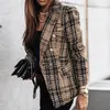 Women Long Casual Blazer Jacket Spring Autumn Fashion Double Breasted Tweed Check Print Coat Vintage Pocket Outerwear 220331