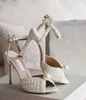 2023 Elegant Bride Wedding Dress Shoes Sacora Sandals White Pearls Crystal Embellished Slim Ankle Strap High Heels Pumps EU35-42,WITH BOX