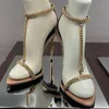 Sandálias de cadeado de moda designer de sapatos de calcanhar de metal feminino decoração de cadeia de ouro Sapatos estiletto de qualidade de 10 cm de altura de couro genuíno feminino gladiador sandália 35-42