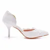 Summer Women High Heels Pu White Spets Flower Stilettos Sandaler Party Wedding Shoes 7cm