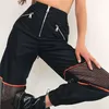 Zwarte mesh patchwork ritsjogger broek vrouwen losse casual hoge taille broek vrouwen streetwear pantalon hiphop broek T200606