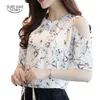 Chiffon Print Blusa Floral skjorta för kvinnor Elegant Open Shoulder Blauses Kvinnor ETE Plus Size Female Tops kläder 825C 30 210326