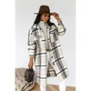 Women's Wool Blends Fashion Women Luxupious Plaid Checked Woolen Overcoat Coats With Belt Female Temperament Pockets Elegant Chic Outerwear Robe 220826