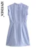 Женская мода плиссированное полосатое мини -платье винтажное рукавочное платья Женские платья vestidos mujer 220526