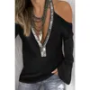 Sexy Tiefem V-ausschnitt Off Schulter Pailletten Spleißen T-shirt Herbst Frauen Aushöhlen Langarm Pullover Schwarz Top Mode Streetwea 220511