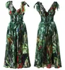 Runway Forest Animal Print Green Maxi Dress Summer Women's Bow tie Strap V-Neck High Elastic Waist Chiffon Long Dress 2023287G
