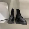 2022 Chunky Platform Damen Schwarze Stiefel Leder Schnür Martin Stiefel Luxus Designer Nylon Stiefel Runde Kopf Kampfschuhe mit Box NO396