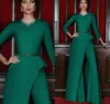 Smaragdgrüner Jumpsuit-Abschlussballkleid 2022, O-Ausschnitt, Perlen, lange Ärmel, Überrock, Abendkleid, arabisch, dubai, muslimische, formelle Partykleider, Abaya-Abendkleidung, Robe de Soiree