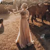 Champagne Country Western Wedding Gowns With Long Sleeves Retro Cowgir V-Neck Bohemian Lace Bridal Dresses Sweep Train Tulle A Line Robe de Soriee Boho AL6837
