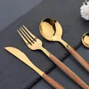 Flatware Sets Terprun 30Pcs Brown Gold Cutlery Stainless Steel Fork Western Knife Spoon Dinnerware Kitchen Tableware Wood Handle FlatwareFla